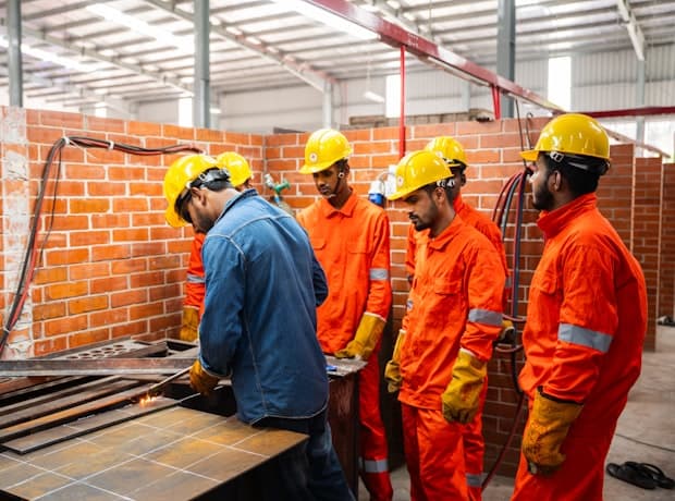 Trabalhadores com EPI em treinamento